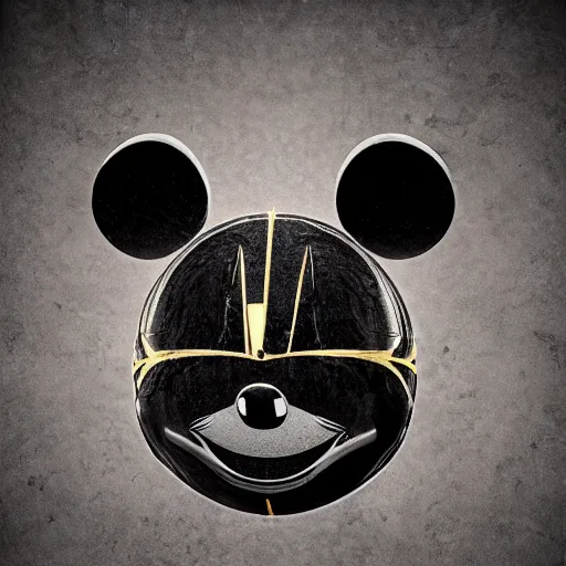 Image similar to counterfeit mickey mouse head, fractal, broken, psychedelic, wet, mycelium, radiant alien, rococo, baroque, automotive, bio-mechanical, porcelain, iridescent, sub surface scattering, octane render