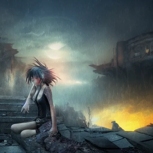 Image similar to A beautiful picture of a suicidal girl against the background of ruins of a destroyed city and a yellow -red moon, artstation, extremely detailed, stunning volumetric lighting, atmosphere, hyper realism, fantasy 4k