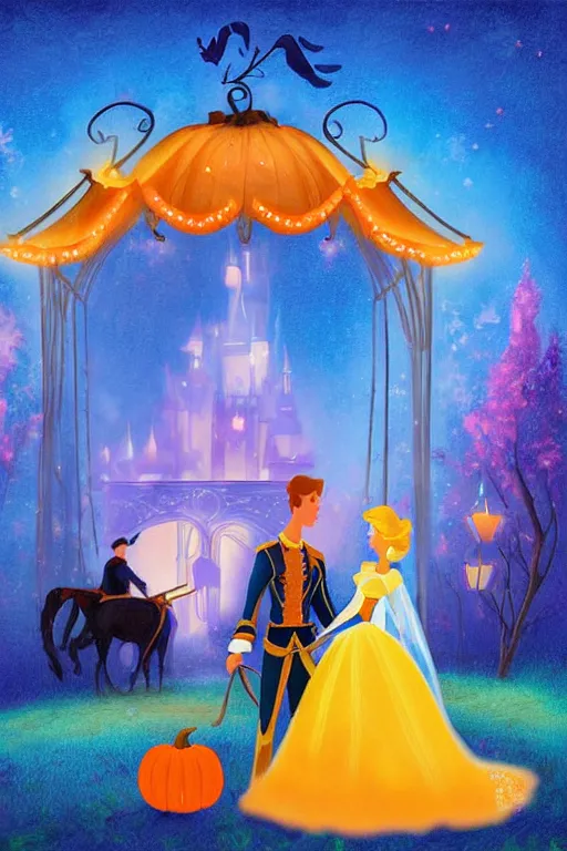 Image similar to beautiful mystical digital painting cinderella and prince charming and horse drawn pumpkin carriage pixar style