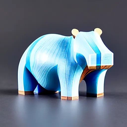 Prompt: a beautiful minimalist curvy shaped small realist sculpture of hippopotamus hippo baby, wood and blue translucent resin epoxy, cubic blocks mix stripes cuts, detailed, fine, gorgeous, glued, assemble