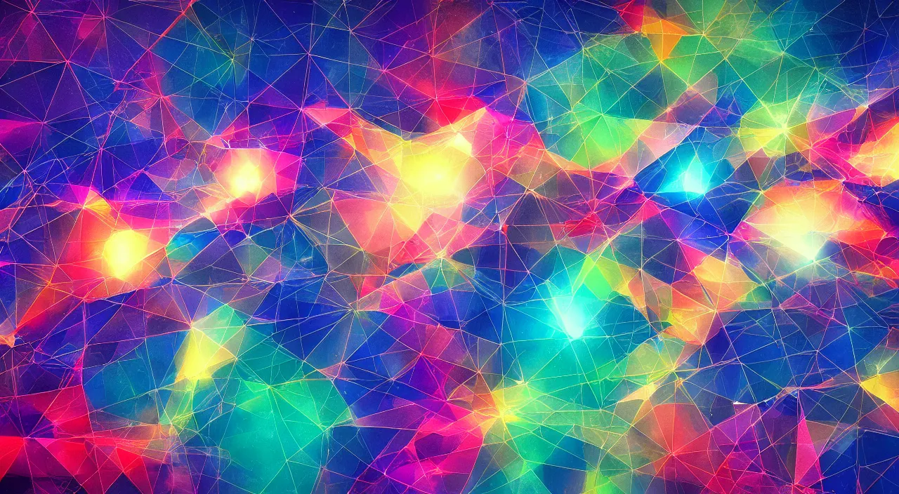 Prompt: a colorful explosion of triangles in space, high detail, digital art