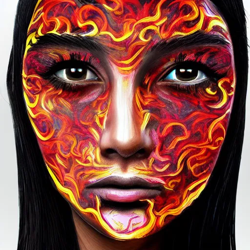 Prompt: artistic drawing of beautiful female face, made entirely from painted flames, made entirely from painted flames, made entirely from painted flames, made entirely from painted flames, made entirely from painted flames, trending on Artstation