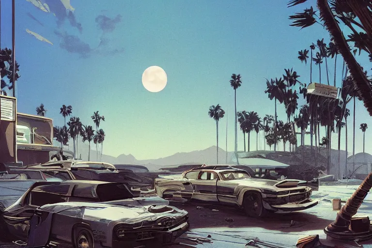 Image similar to broken robot | abandoned motel | palm trees | snowy mountains | moon in sky, painting by syd mead and weta studio and moebius and james jean and frank frazetta, highly detailed, rule of third, soft lighting, architectural magazine, beautiful detailed, insanely intricate details, artstation trending, hypermaximalistic, high details, cinematic