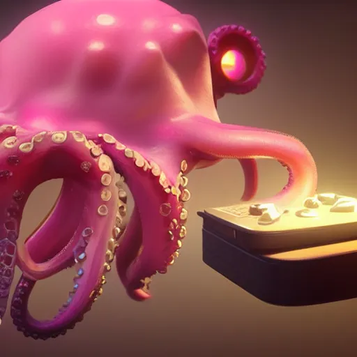 Image similar to a cute pink octopus playing videogames, digital art, trending on artstation, cgsociety, octane render, RPG portrait, dynamic lighting, hyperrealistic