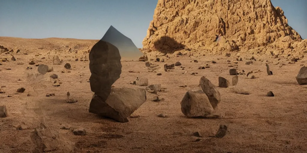 Image similar to levitating ghost grey silhouette with full - face golden mask in a dry rocky desert landscape, visible sky and sunny atmosphere, floating stones, flying stones, fata morgana and giant square mirrors by alejandro jodorowsky, anamorphic lens, kodakchrome, practical effects, masterpiece, 8 k