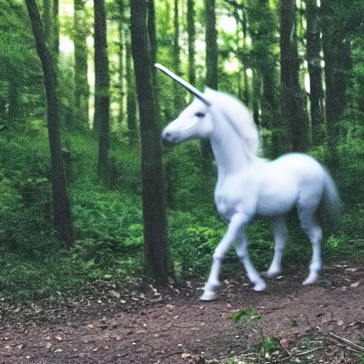 Prompt: night green security footage of a teenager with short black curly hair on the woods riding a real unicorn