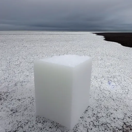 Prompt: a mile - wide cube of salt dissolving in hudson bay