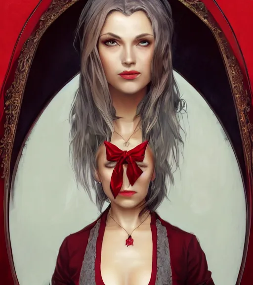 Image similar to female vampire, gold waistcoat, red shirt, grey hair, red necktie, cinematic, stunning, highly detailed, digital painting, artstation, smooth, hard focus, full body shot, illustration, art by artgerm and greg rutkowski and alphonse mucha