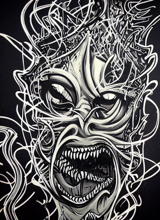 Prompt: beautiful graffiti demons on black background paper