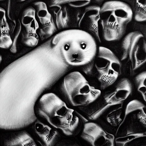 Prompt: a baby harp seal lying on a throne of skulls, dark and ominous, backlight, 4k