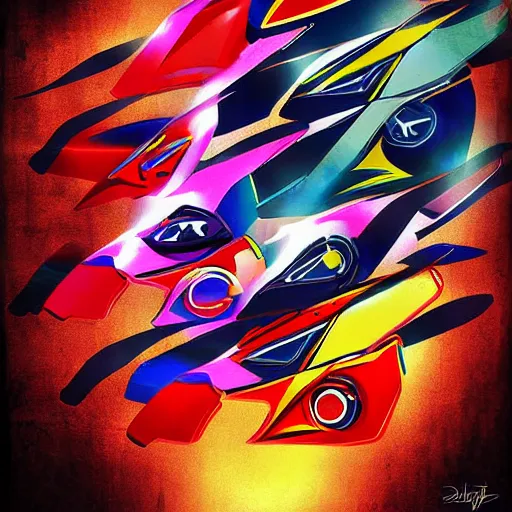 Image similar to the power rangers as motorcycle racers, digital art, colorful, messy art