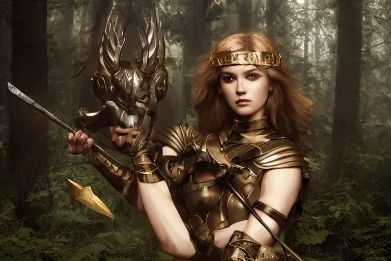 Image similar to Greek Goddess Artemis in moonlit forest wearing leather !!ranger!! armour, surrounded by !animals!, medium shot portrait by artgerm loish and WLOP, octane render, dynamic lighting, asymmetrical portrait, dark fantasy, cool toned, trending on ArtStation