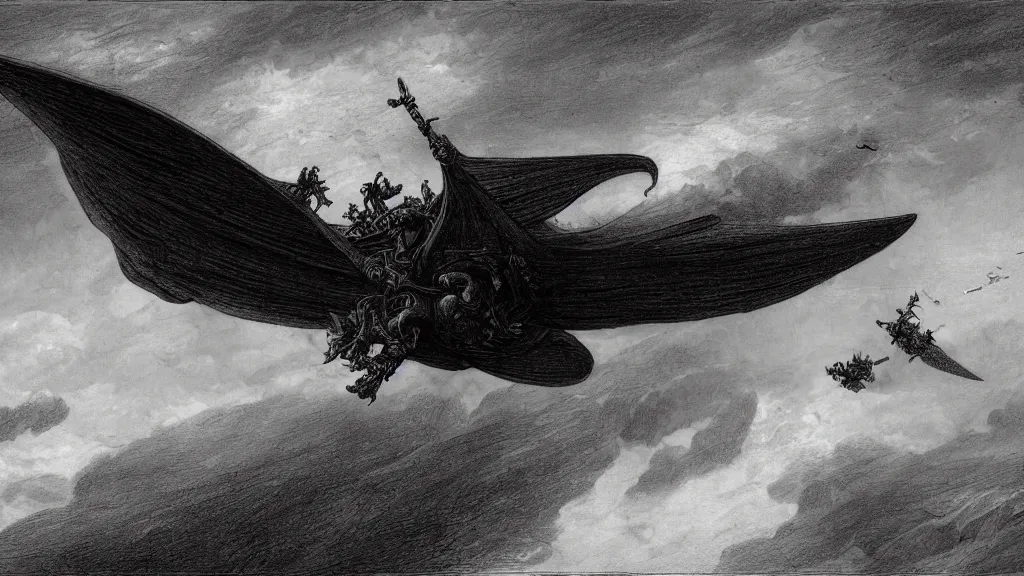 Image similar to drawing of an ornithopter flying toward a desert storm, by gustave dore, nineteenth century, black and white, vintage, science fiction, epic composition, dramatic lighting, highly detailed, cinematic