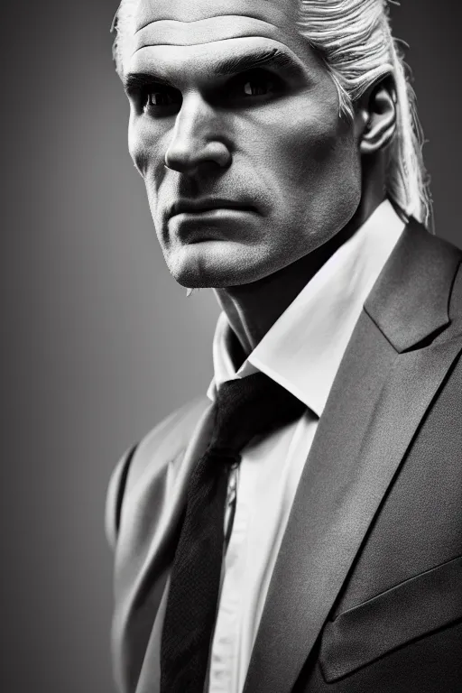 Prompt: portrait of geralt of rivia wearing an elegant tuxedo, 5 5 mm lens, professional photograph, black and white, elegant, serious, stern look