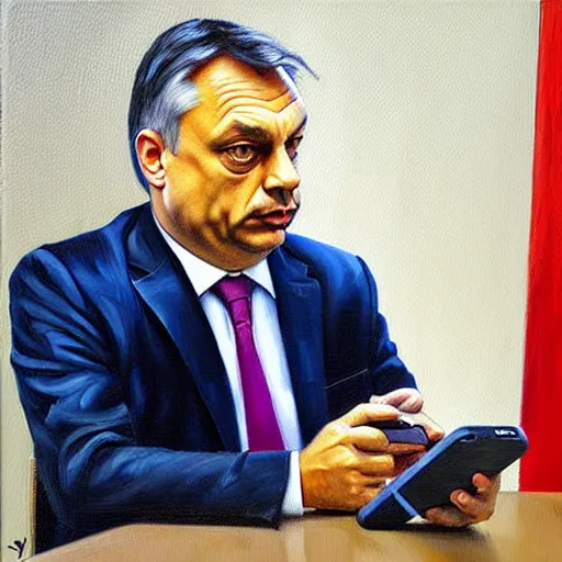 Prompt: viktor orban tiktok on his phone in a cubicle, oil painting