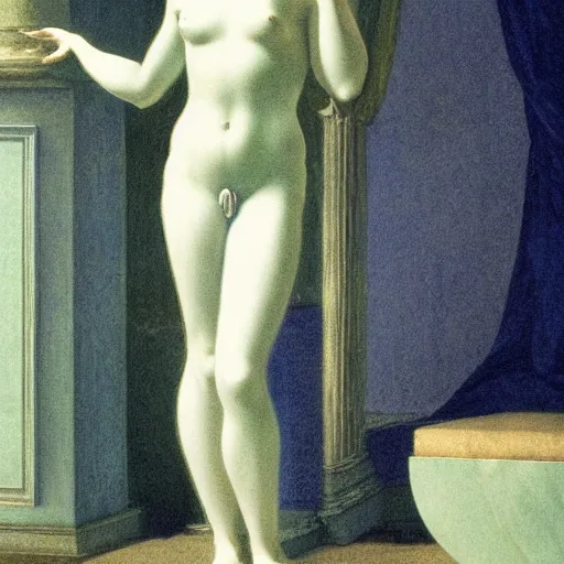 Prompt: a goddess in a liminal room, film still by canova, limited color palette, very intricate, art nouveau, highly detailed, lights by hopper, soft pastel colors, minimalist