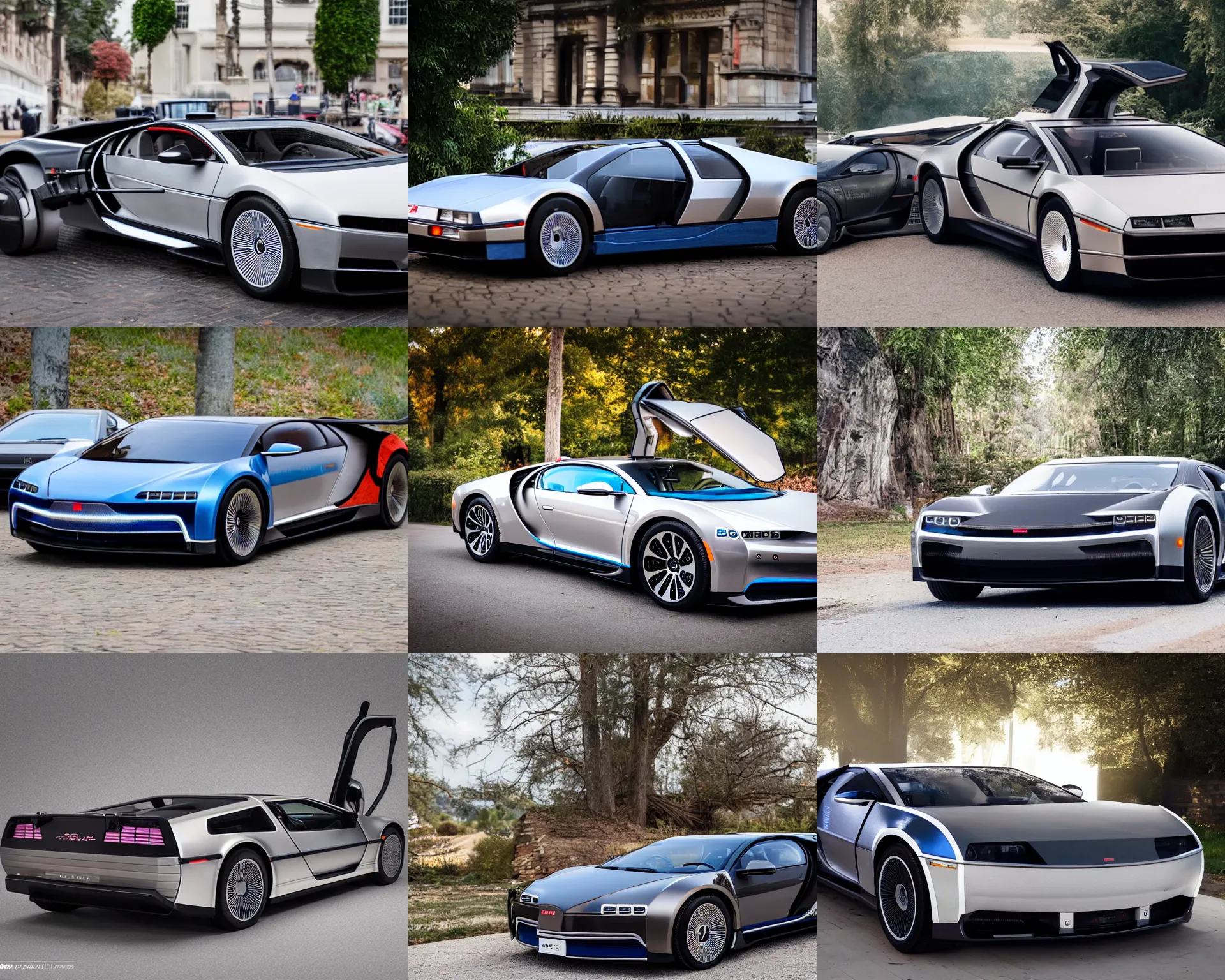 Image similar to a single delorean and bugatti chiron model 3 hybrid, dslr