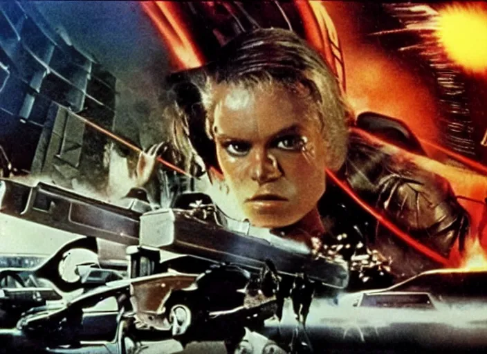 Image similar to a still from an action - packed 1 9 8 0 s sci - fi movie directed by paul verhoven