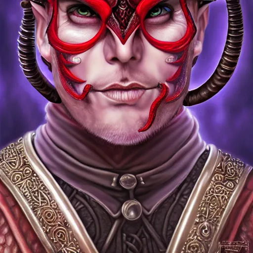 Image similar to detailed, symmetrical, close - up, airbrush art portrait of a level 5 tiefling d & d bard | he has purple skin and red horns | background is black and red