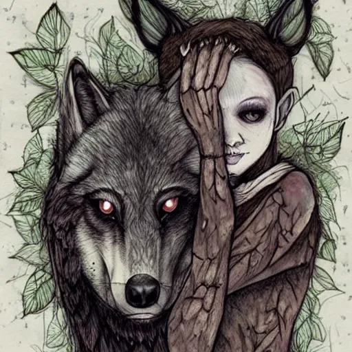 Image similar to a dream wolf eats the magical heart of a woodland faun who has her skeleton exposed, artwork by chiara bautista