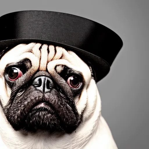 Image similar to closeup of a duck wearing a top hat, macro photography, overgrown pug, high resolution photo, trending on artstation