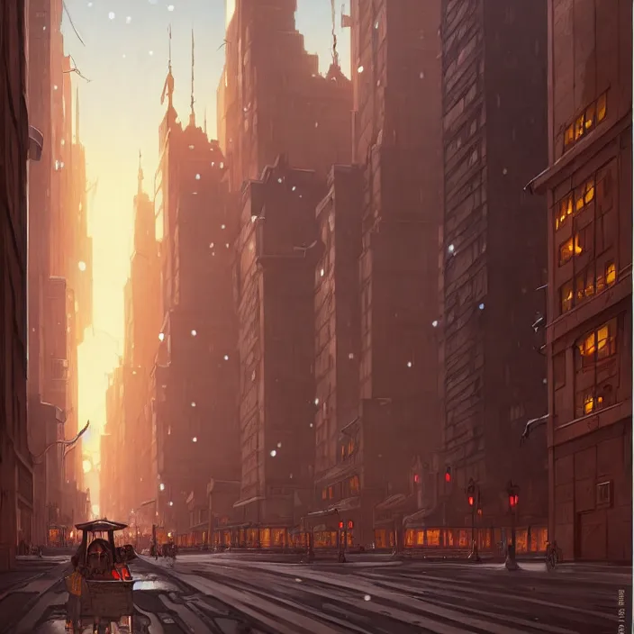 Prompt: empty big city at night, winter, in the style of studio ghibli, j. c. leyendecker, greg rutkowski, artem