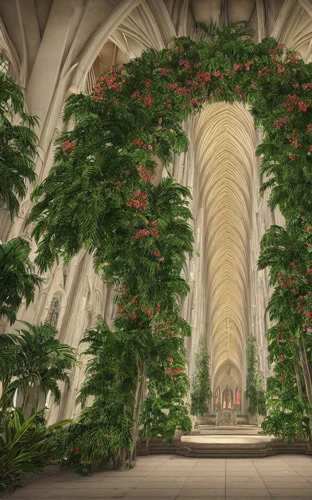 Image similar to beautiful grand cathedral interior with!! koi pond!! in the! middle! surrounded by palm trees, ivy,!! flowers!!, ( tropical plants ),!! roses!!, and with archways, rendered in octane render with photorealistic volumetric cinematic lighting, wide angle, horizontal symmetry, symmetrical! 8 k