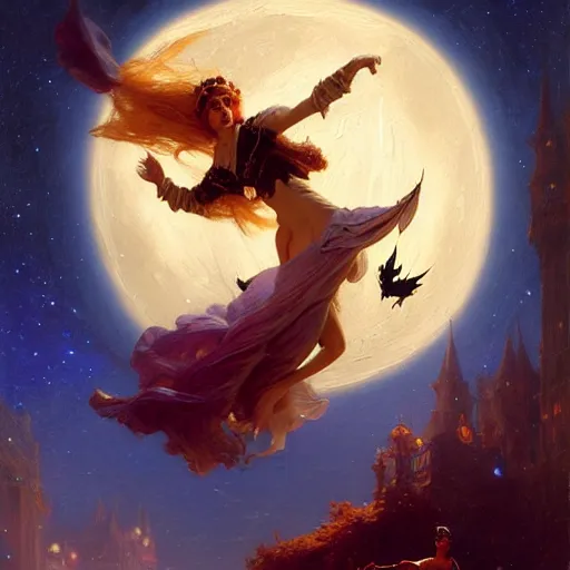 Image similar to attractive witch magically flying trough the night, fantasy, full moon in background. highly detailed painting by gaston bussiere, craig mullins, j. c. leyendecker 8 k