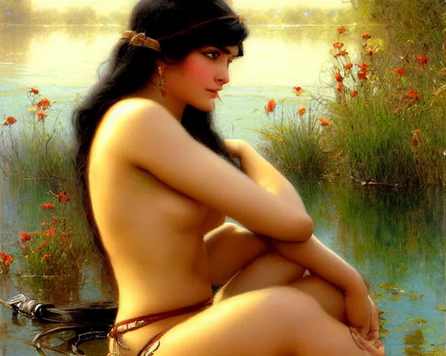 Image similar to attractive tan women with long black hair in a beautiful lake. highly detailed painting by gaston bussiere, craig mullins, j. c. leyendecker 8 k