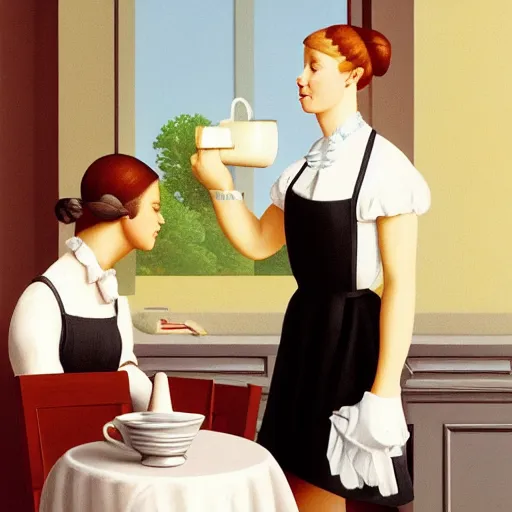 Image similar to a french-maid serves you coffee by Raphael, Hopper, and Rene Magritte. detailed, romantic, enchanting, trending on artstation.