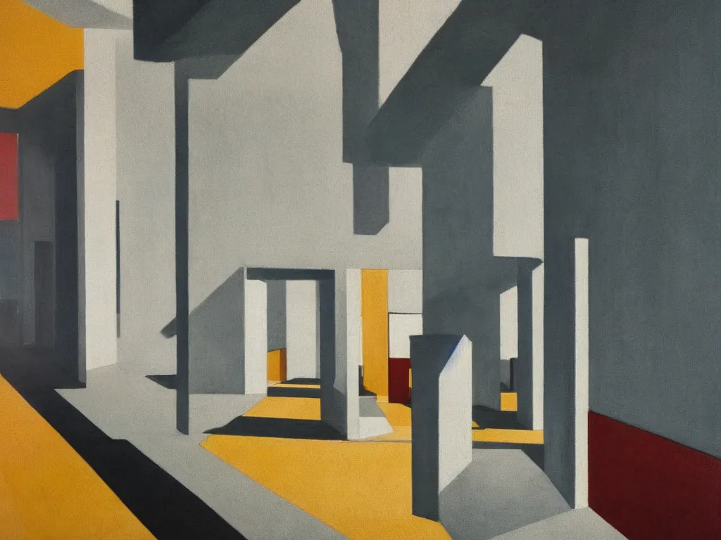 Image similar to colorful minimalist industrial interior hallway with monolithic pillars in the style of ridley scott and stanley kubrick, impossible stijl architecture, lone silhouette in the distance, ultra view angle view, realistic detailed painting by edward hopper