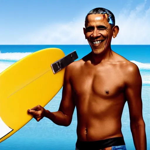 Image similar to obama surfing holding a drink, vacation photo, high detail realistic