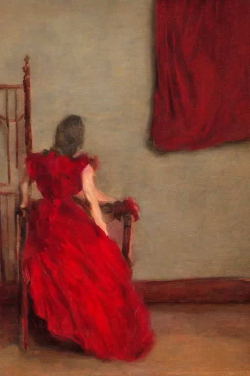 Image similar to a red dress laid across a chair in a dark victorian era room. in the style of american impressionism painting.