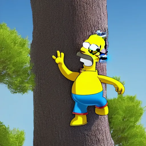 Image similar to a 3D render of Homer Simpson siting on a tree