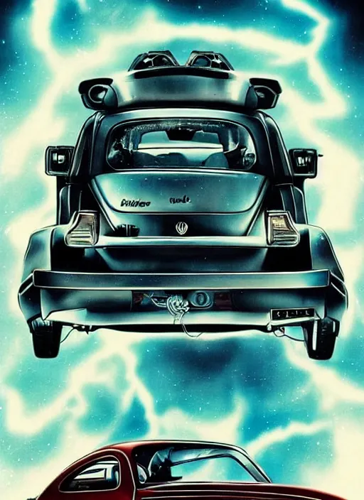 Prompt: back to the future with a volkswagen beetle, movie poster, epic lighting, eighties, sci - fi, artistic