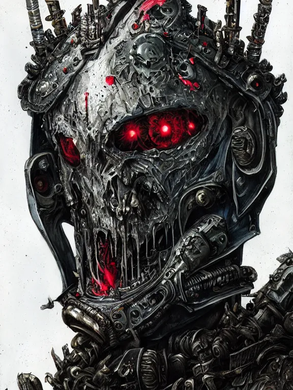 Image similar to art portrait of an undead space marine vampire king, intricate detailed armour ,8k,by tristan eaton,Stanley Artgermm,Tom Bagshaw,Greg Rutkowski,Carne Griffiths, Ayami Kojima, Beksinski, Giger,trending on DeviantArt,face enhance,hyper detailed,minimalist,cybernetic, android, blade runner,full of colour,