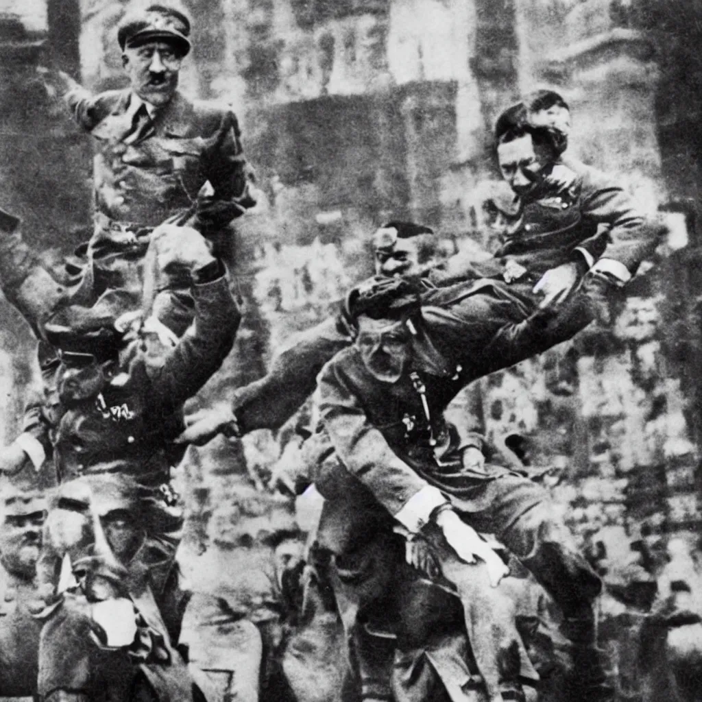 Prompt: adolf hitler riding joseph stalin piggyback on the Times Square