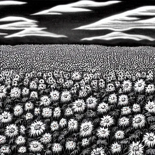 Image similar to A sunflower field at night by Kentaro Miura, highly detailed, black and white