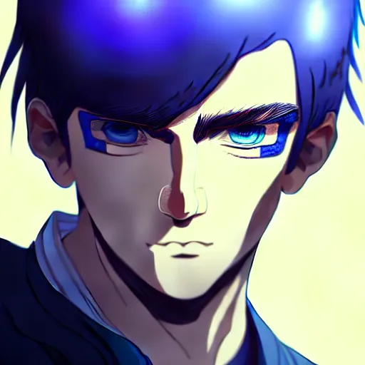 Prompt: a highly detailed portrait of a man with navy blue hair and blue glowing eyes, blue transparent cubes in backround, high detail clothing, concept art, anime, artstation, professional drawing