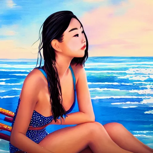 Image similar to a portrait of a young asiatic lady on a beach chair , perfect and detailed face, hot summertime hippie, sparky swimsuit , calm sea and beach background , sunny day, perfecly detailed, realistic portrait, perfect design, natural light