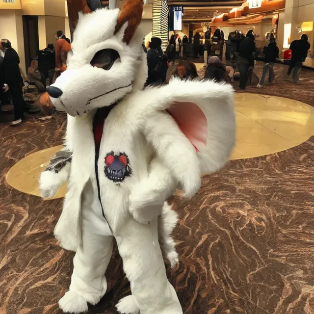 Image similar to a person wearing a fursuit of a pica nutalli fursona, fursona, furry convention, hotel lobby, indoors, photograph, furry fandom, photorealistic,