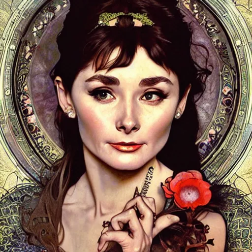 Prompt: realistic detailed face portrait of Audrey Hepburn by Alphonse Mucha, Ayami Kojima, Amano, Charlie Bowater, Karol Bak, Greg Hildebrandt, Jean Delville, and Mark Brooks, Art Nouveau, Neo-Gothic, gothic, rich deep colors