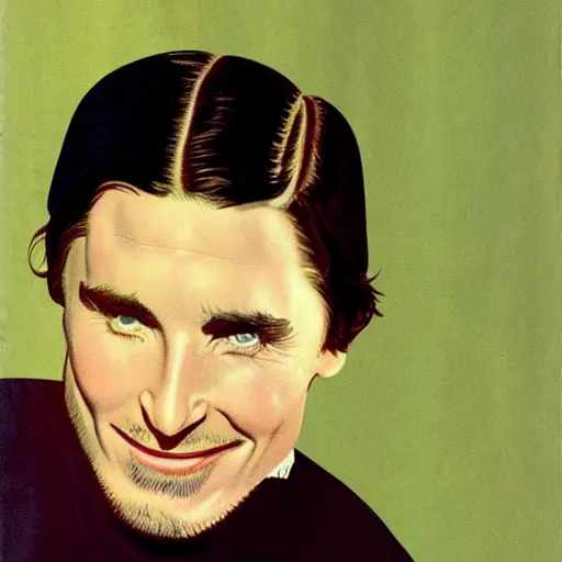 Image similar to “Christian Bale portrait, color vintage magazine illustration 1950”