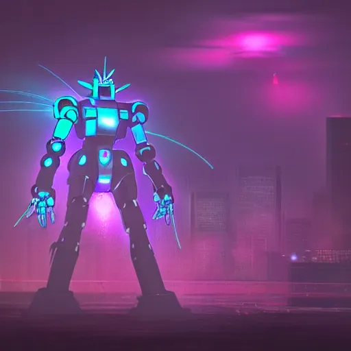 Prompt: Nostalgic Daguerreotype photo of Futuristic Kaiju Evangelion-Gundam Mecha Robot guarding futuristic cyberpunk Tokyo city, misty xparticles. blacklight neon glow. Hyperrealism