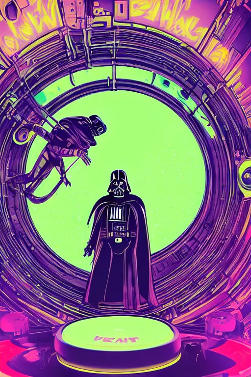 Image similar to closeup potrait of darth vader dj standing on a giant science fiction neon turntable at a astronaut rave, anti gravity, digital art, winning award masterpiece, fantastically beautiful, intricate, illustration, dan mumford, geof darrow, moebius, 8 k, octane, symmetrical