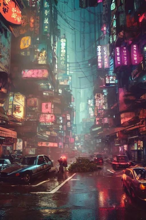 Prompt: cinematic photo of ancient overgrown cyberpunk hong kong with cars and people, night, rain, flowers, beautifully lit, hyperdetailed, unreal engine, photorealistic, denis villeneuve film look, blade runner set