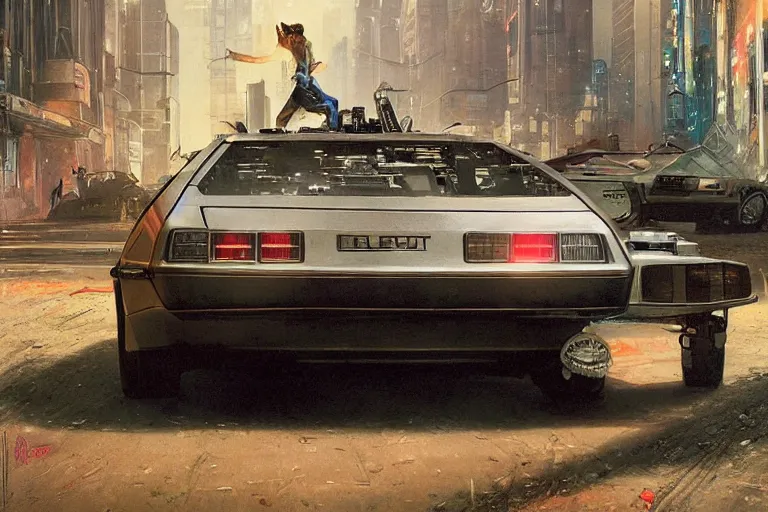 Image similar to photograph of the delorean driving down the streets of a cyberpunk abandoned city, by greg rutkowski, by stanley artgerm, by alphonse mucha