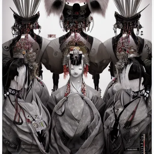 Image similar to japanese cyborg geishas in a ceremony with extremely detailed headdress, inspired by die antwoord beautiful, hand painted textures, cloth physics, deviantart, karol bak, masamune shirow, black and white, beautiful lighting, photorealistic, concept art, perfect render, 3 d render, pixar, 8 k