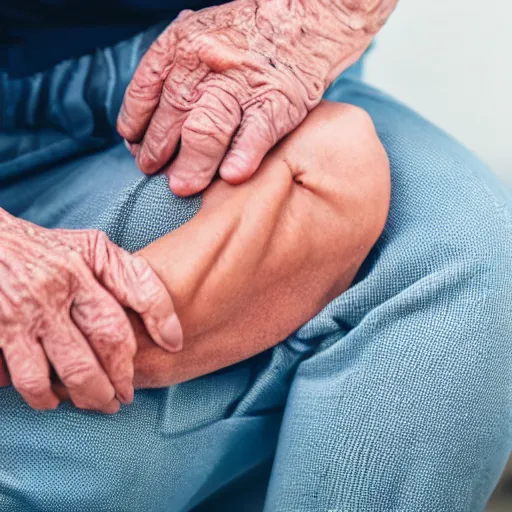 Prompt: elderly person holding their knee that has a wincing human face instead of a kneecap