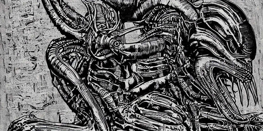 Image similar to alien xenomorph in the style of HR Giger, woodcut, movie scene